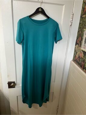 SHEIN Teal Short Sleeve T-Shirt Maxi Dress Curved Hem Pockets Medium EUC